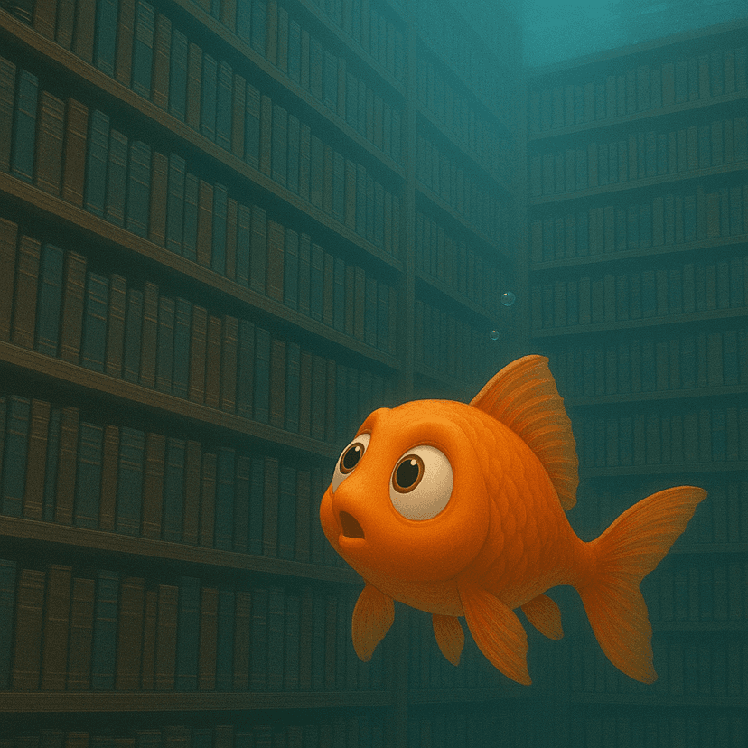 Goldfish swimming in an underwater library